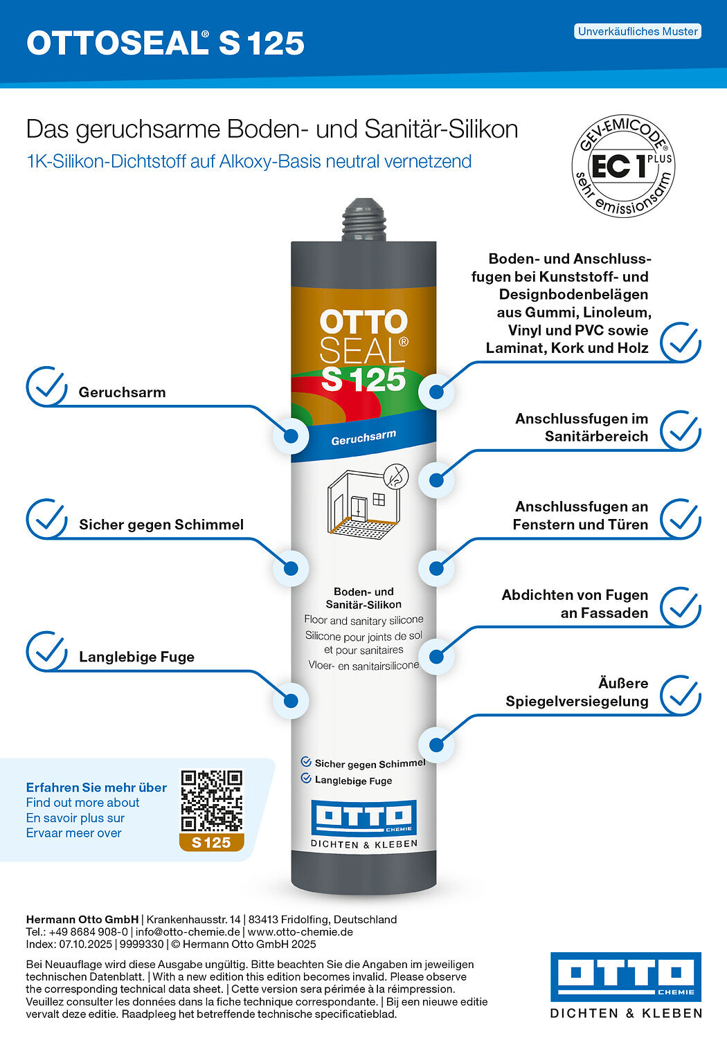 OTTOSEAL® S 125 – Sanitär-Silikon - 310 ml - verschieden Farben - 1 Kartusche pro Platte