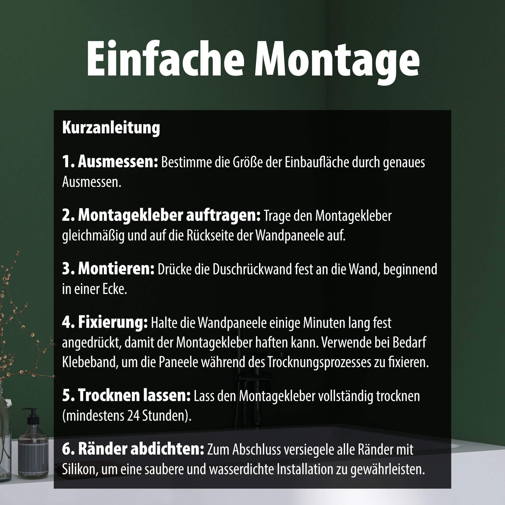 Montage Kurzanleitung für Wallando Duschrückplatten - Amazonasgrün