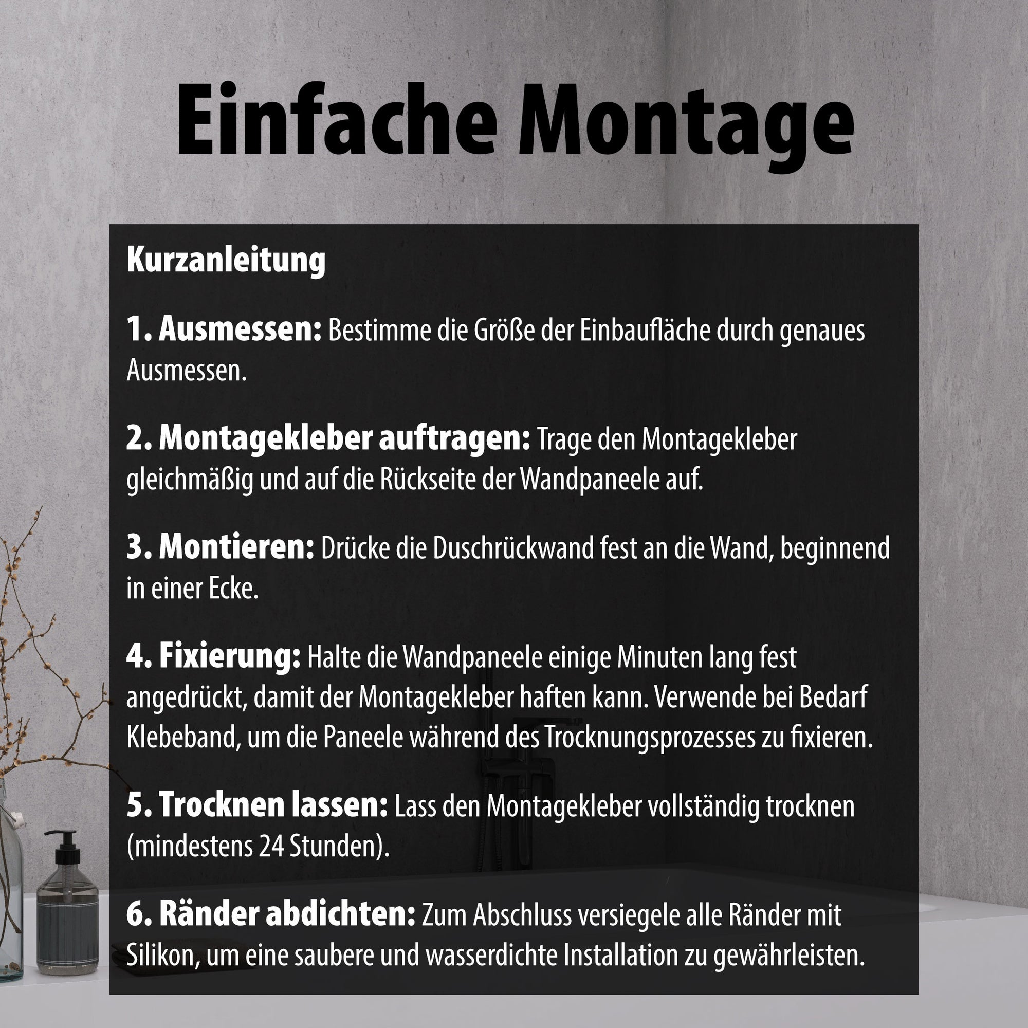 Montage Kurzanleitung für Wallando Duschrückplatten - Steingrau hell