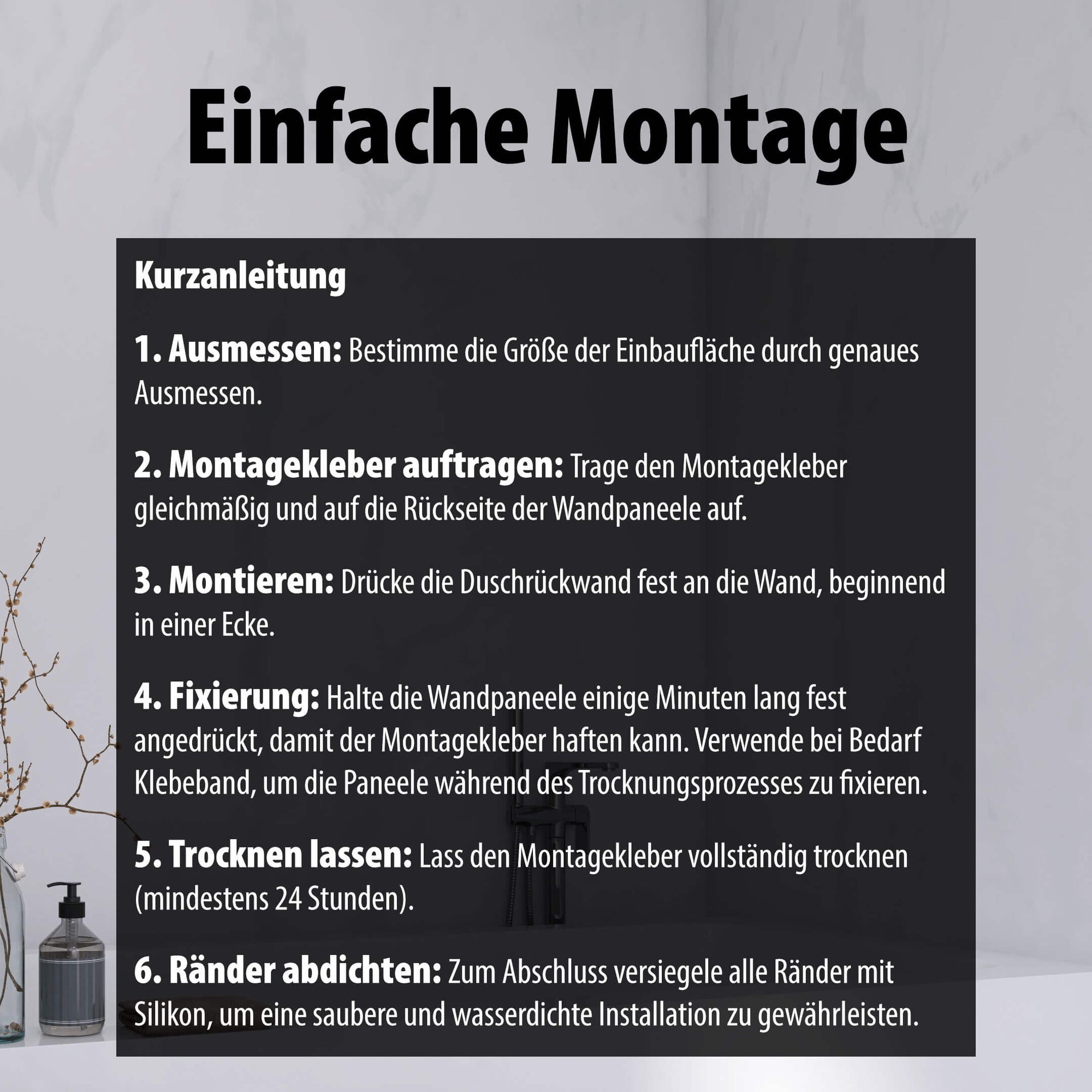 Montage Kurzanleitung für Wallando Duschrückplatten - Marmor Classic