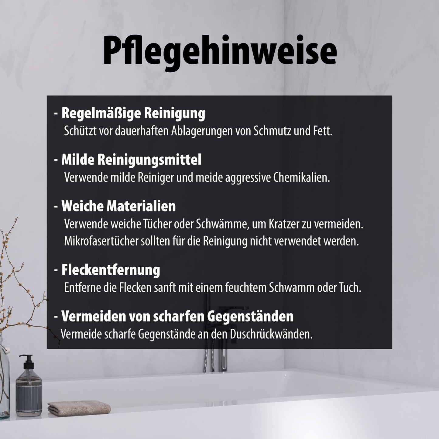 Pflegehinweise für Wallando Duschrückplatten - Marmor Classic