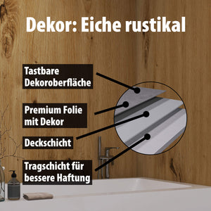 Wallando Duschrückplatten - Schichten erklärt - Eiche rustikal