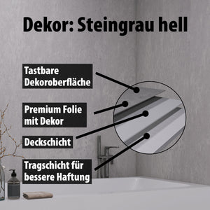 Wallando Duschrückplatten - Schichten erklärt - Steingrau hell